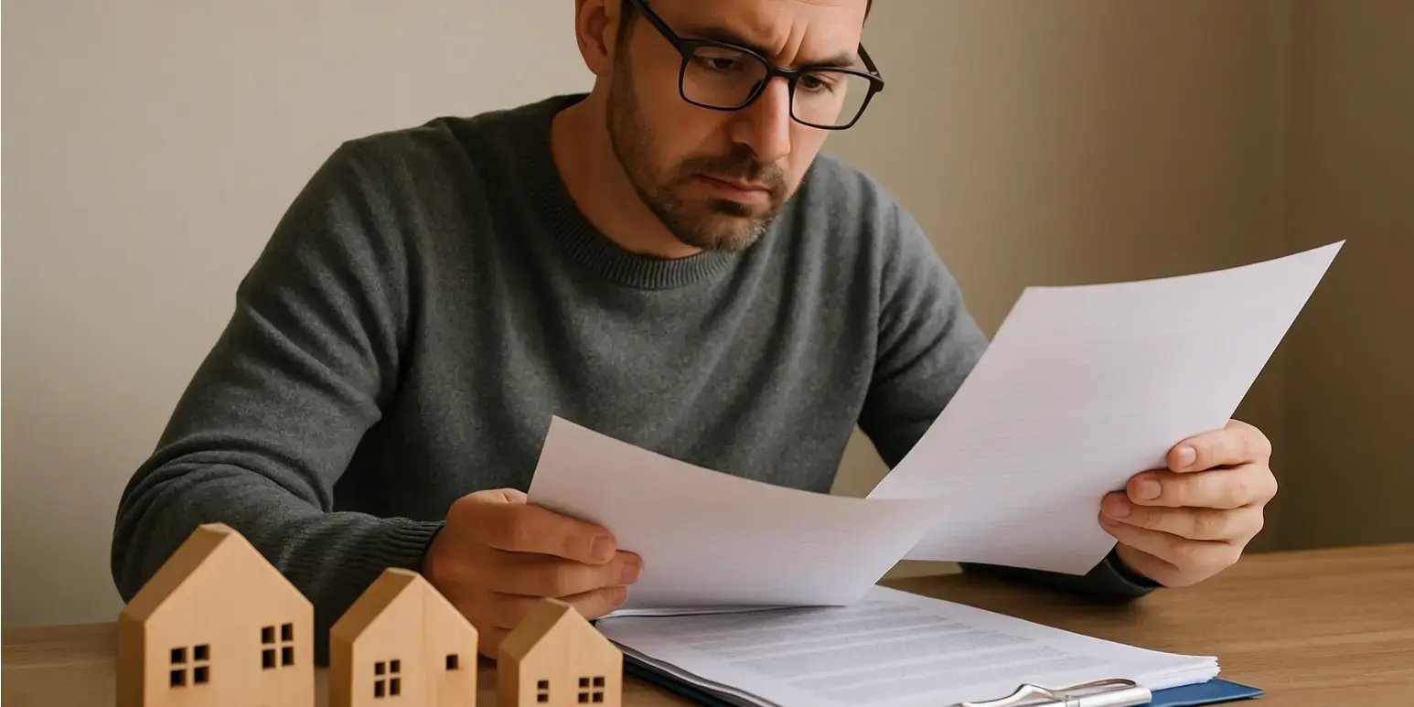 Hombre revisando documentos en un escritorio y hay unas casas de madera