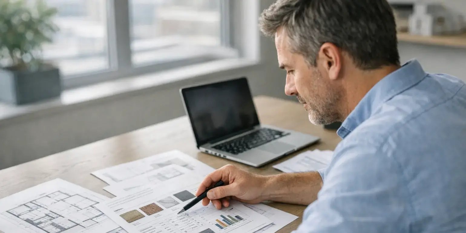 Hombre revisando documentos técnicos de una vivienda, enfocado en la descripción de materiales, instalaciones y acabados