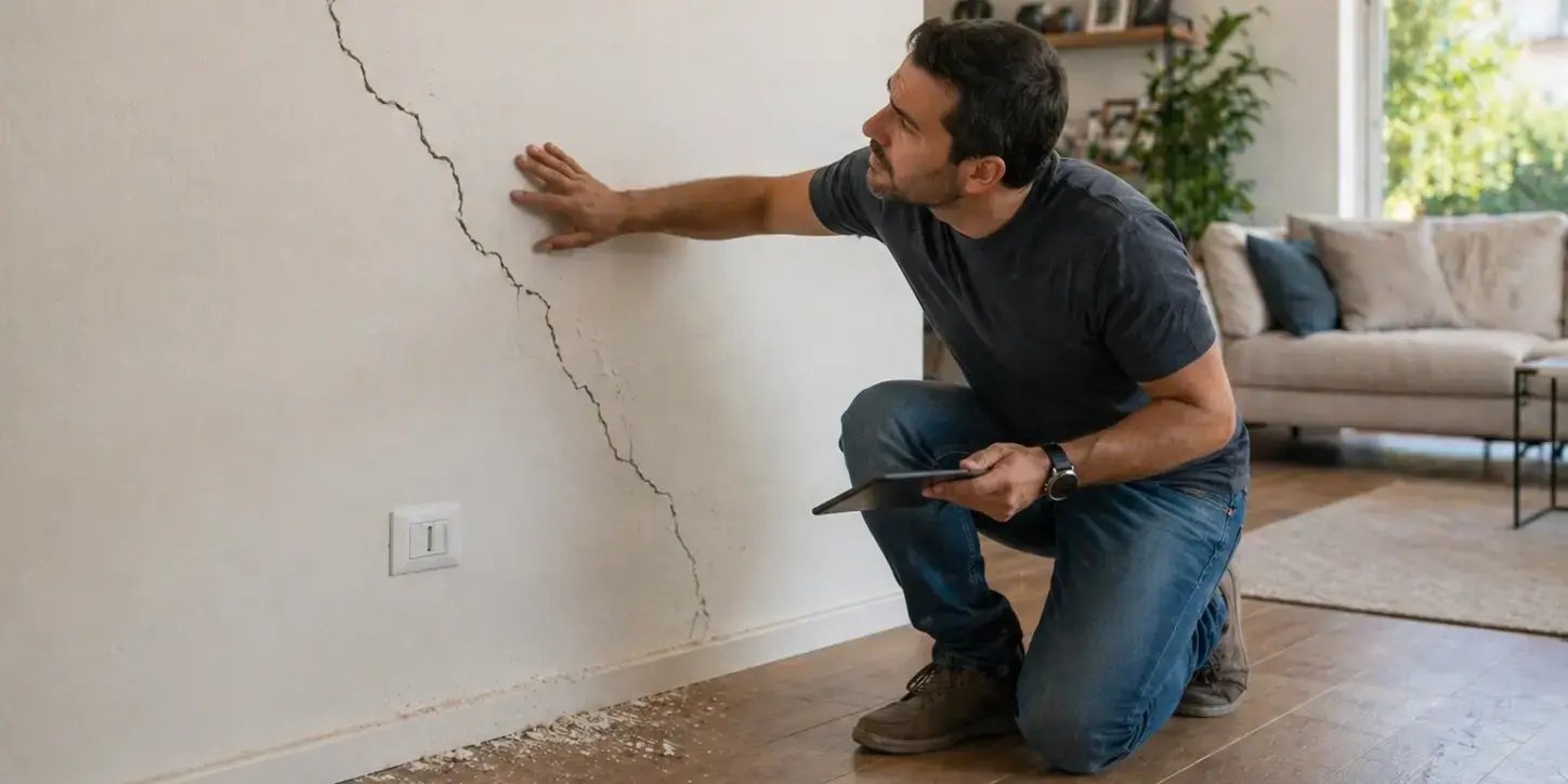 Hombre revisando grietas diagonales en la pared de su casa