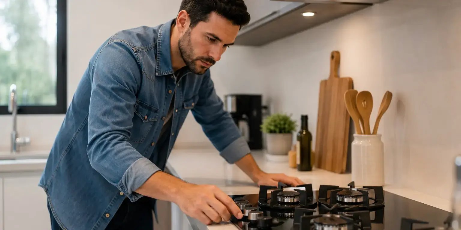 Hombre revisando la estufa de su cocina en un espacio moderno y limpio, observando con atención los quemadores o el panel de control