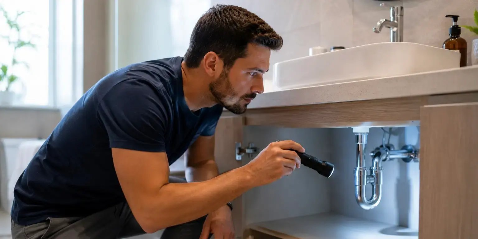 Hombre revisando la tubería debajo del lavabo del baño, inspeccionando cuidadosamente que no haya fugas de agua. Está arrodillado o agachado, observando las conexiones mientras utiliza una linterna o herramienta básica