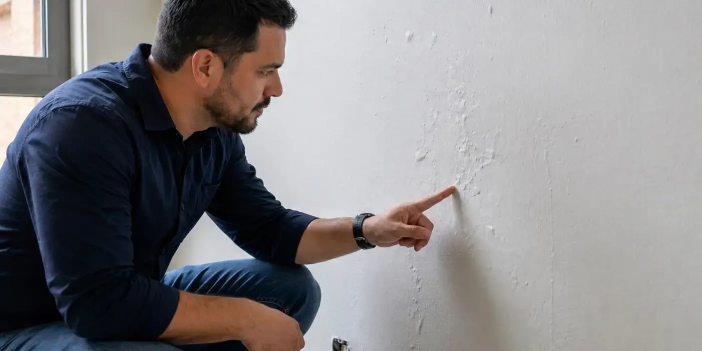 Hombre revisando que la pintura de la pared tiene burbujas y marcas