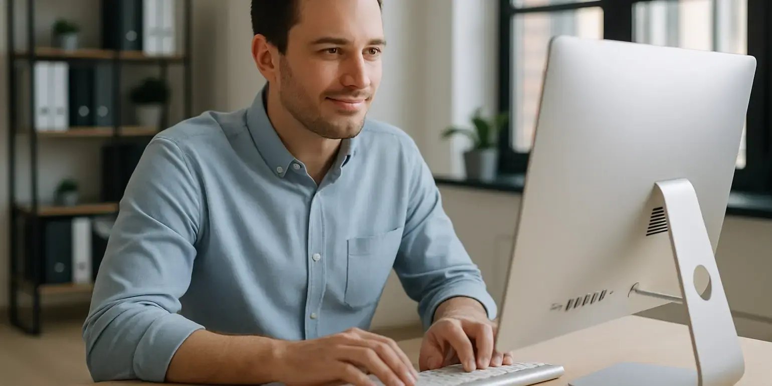 Hombre sin lentes en oficina utilizando una computadora para revisar el NNS y curp