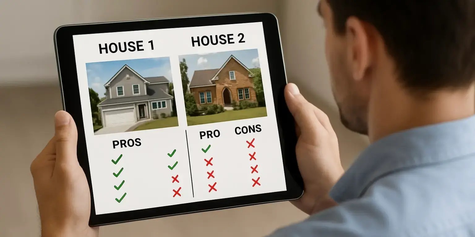 Hombre sosteniendo una tablet comparando 2 casas y viendo los pros y contras de cada una para elegir