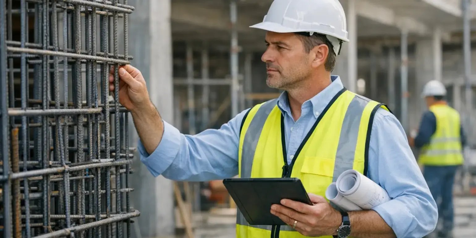 Hombre supervisando una obra en construcción, verificando que los trabajos cumplan con el reglamento local de construcción. Lleva casco de seguridad y chaleco reflectante, sosteniendo planos y una tablet o portapapeles.