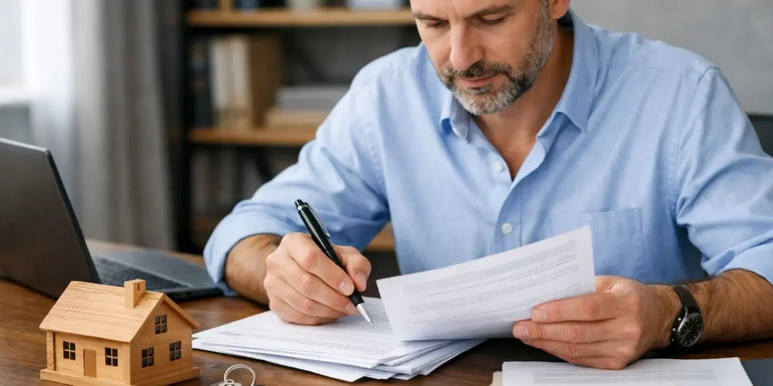 Hombre verificando en un escritorio unos documentos de cancelación de hipoteca y hay una casa de madera y unas llaves