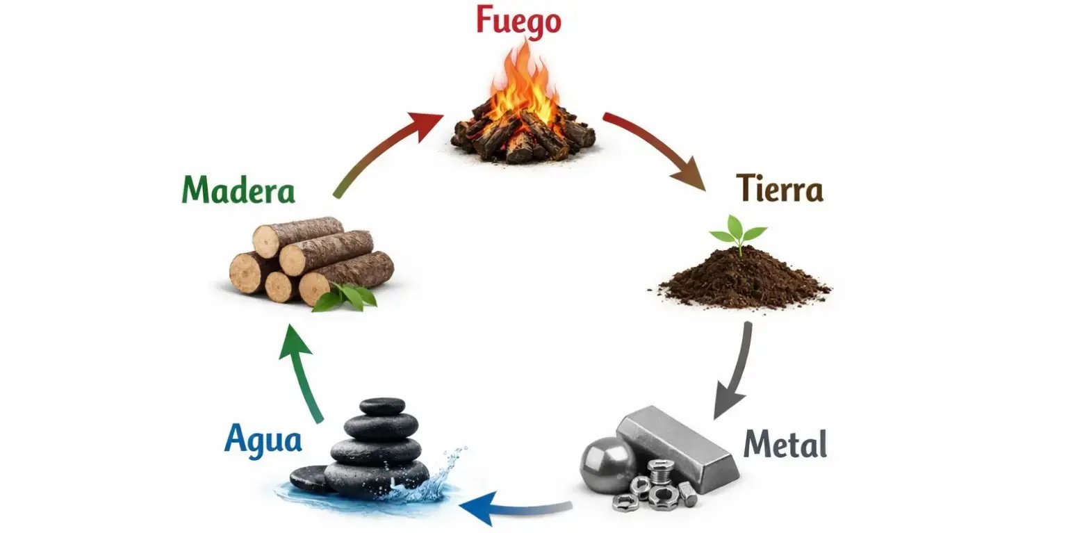 Imagen circulo con los 5 elementos del feng shui con elementos reales