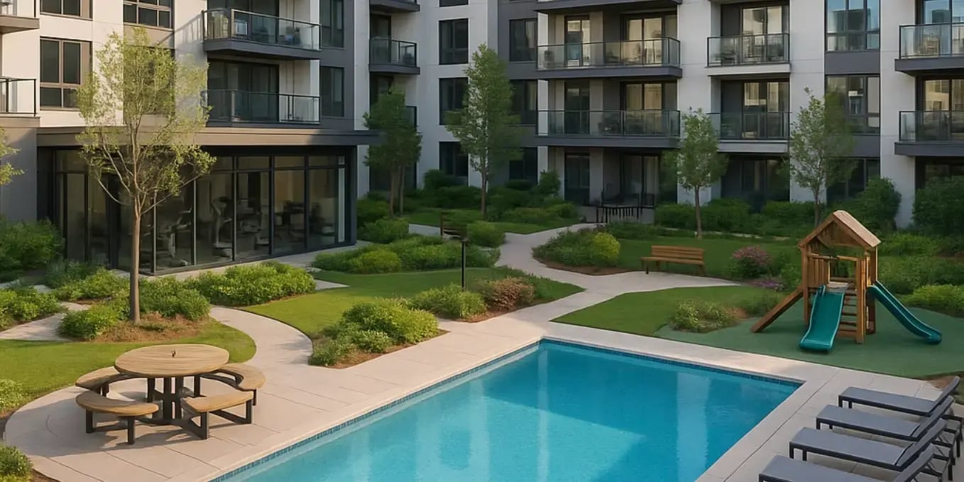 Imagen de un conjunto residencial moderno con área