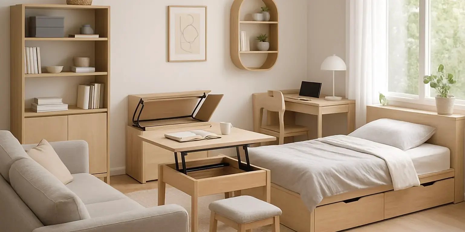 Imagen de un hogar moderno y ordenado con muebles multifuncionales