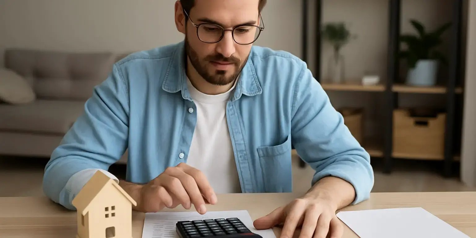 Imagen de un hombre sacando cuentas con una calculadora para revisar los gastos totales de comprar una casa