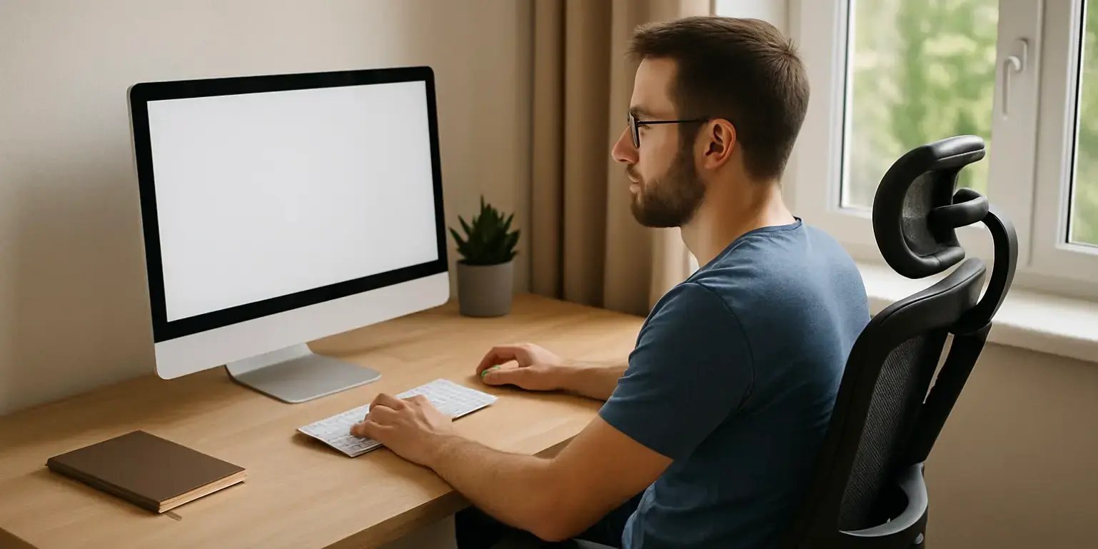 Imagen de un hombre sentado en su escritorio conn una computadora y con una silla ergonomica y donde entra la luz natural a traves de una ventana