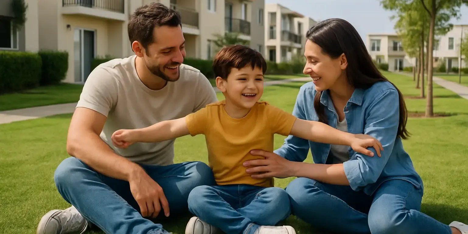 Imagen de una familia disfrutando con su hijo de un dia en las areas verdes del desarrollo residencial