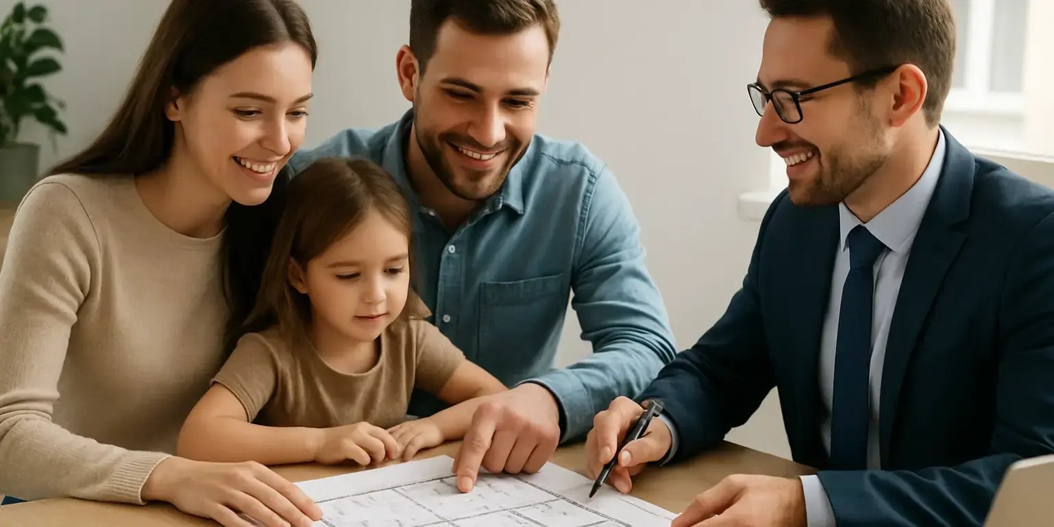 Imagen de una familia joven evaluando planos de una casa para comprarla