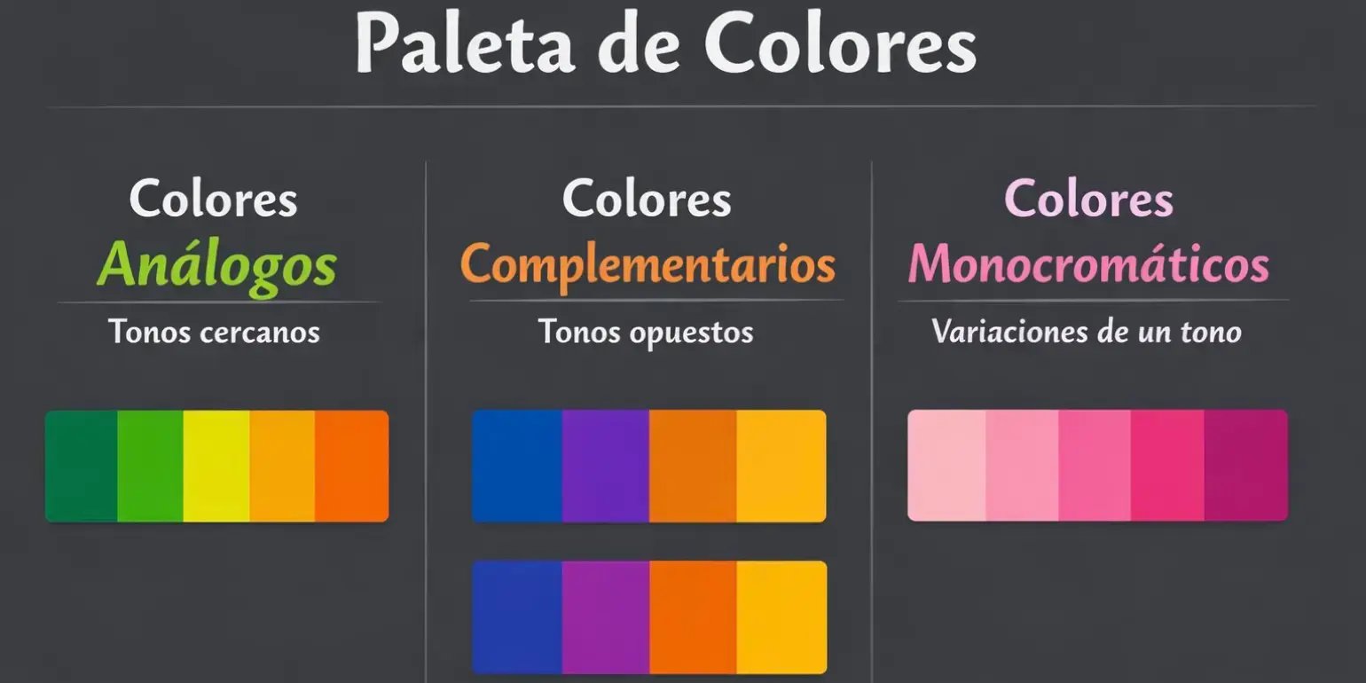 Imagen de una paleta de colores para combinar colores analogos complementarios y monocromaticos 