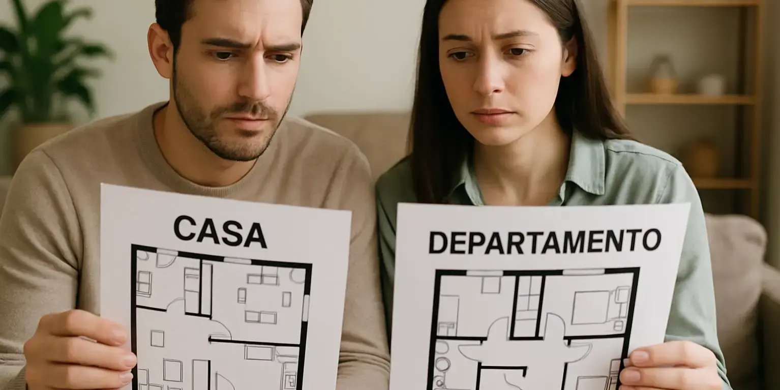 Imagen de una pareja comparando planos de una casa y un departamento