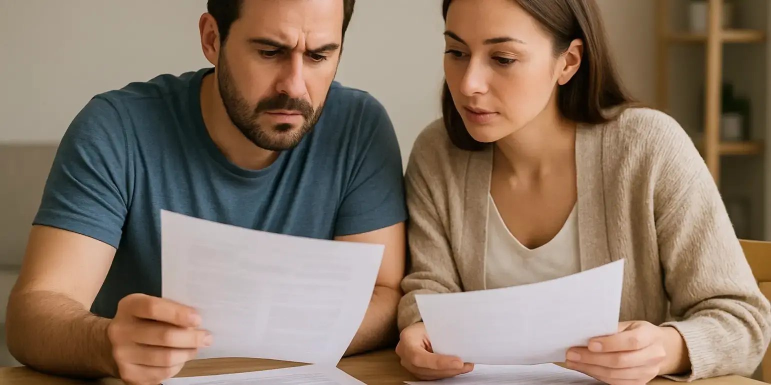 Imagen de una pareja sentada en una mesa revisando documentos para comprar casa