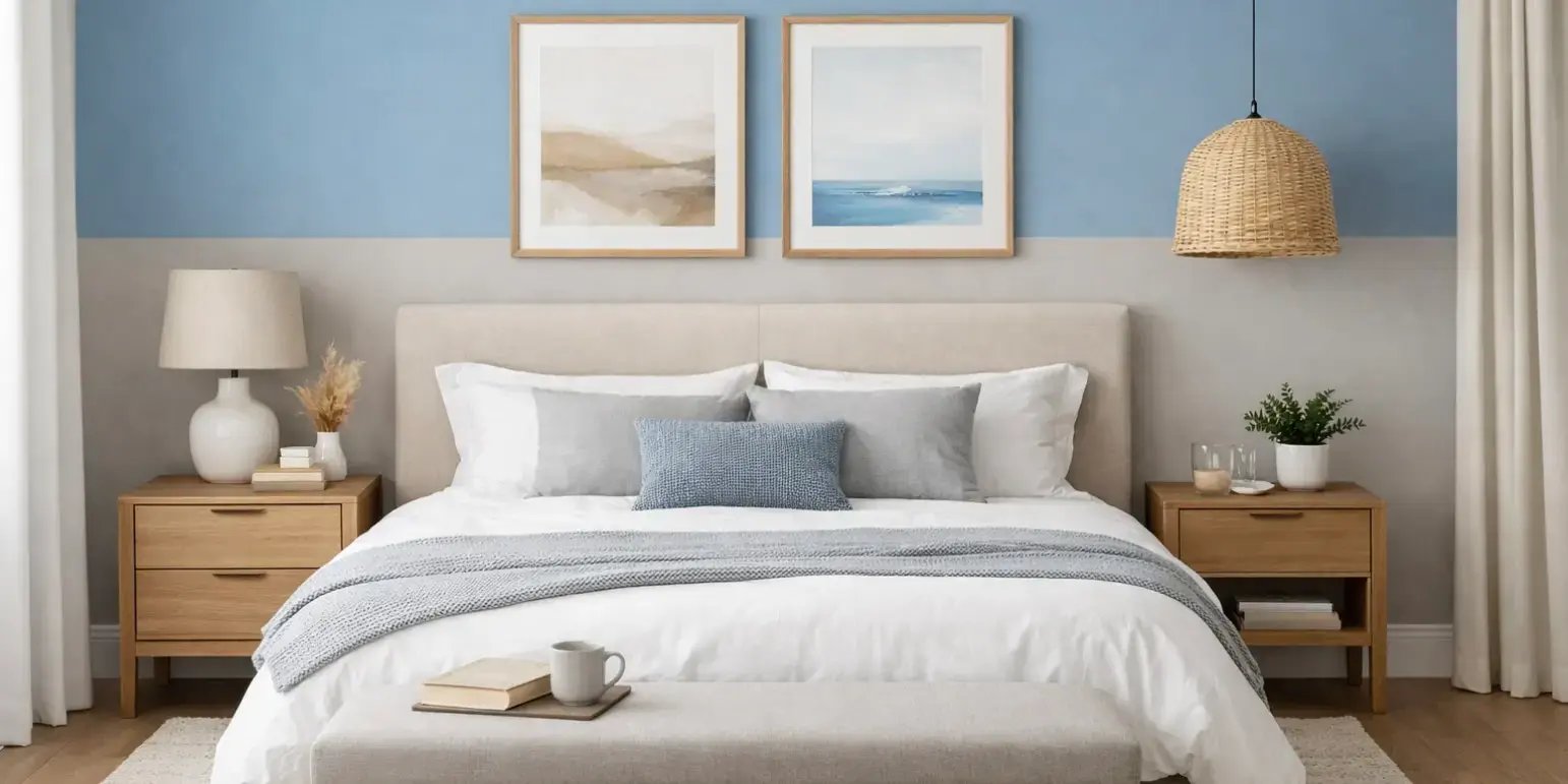 Imagen de una recamara con tonos en la pared azul suavem gris calido