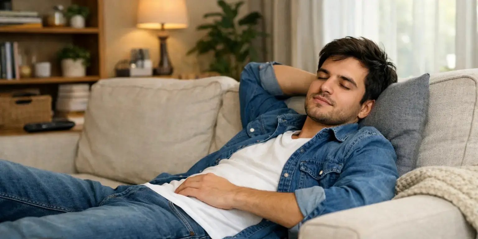 Joven descansando en la sala de su casa recostado en un sillon