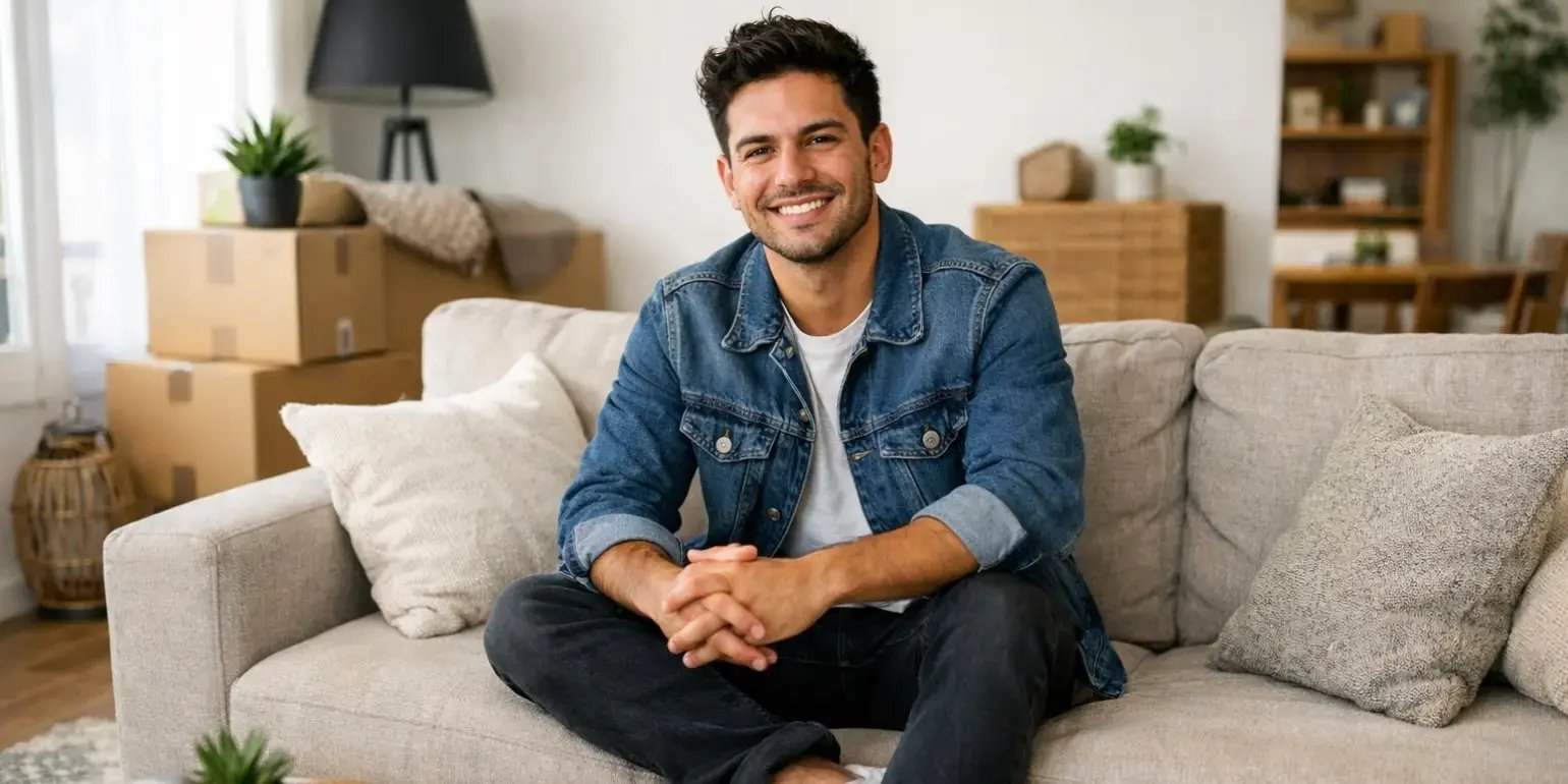Joven en la sala de su nueva casa sentado en el sillon de la sala