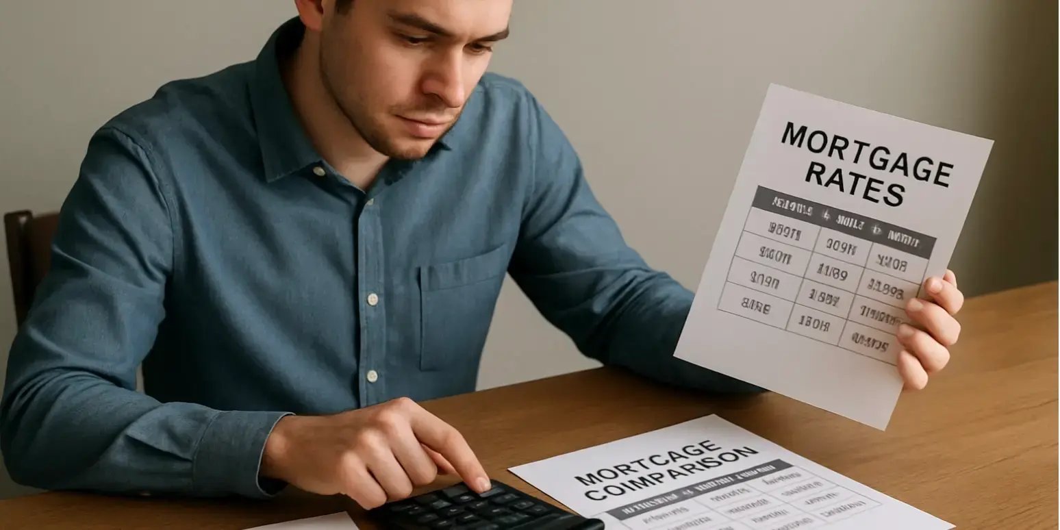 Joven revisando comparativas de tasas y bancos hipotecarios sobre una mesa y con una calculadora