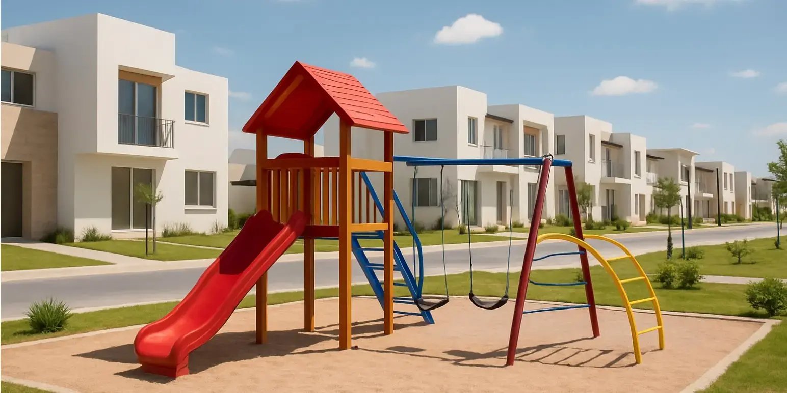Juegos infantiles a lo lejos en un da soleado en un desarrollo inmobiliario