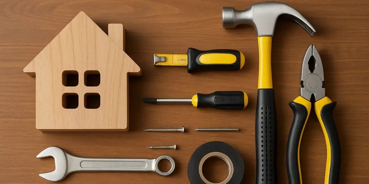 Kit de herramientas sobre una mesa para arreglar cosas del hogar Y una casa de madera a un lado