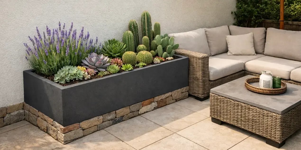 Maceta en la esquina de la terraza de una casa con lavanda, cactus y suculentas