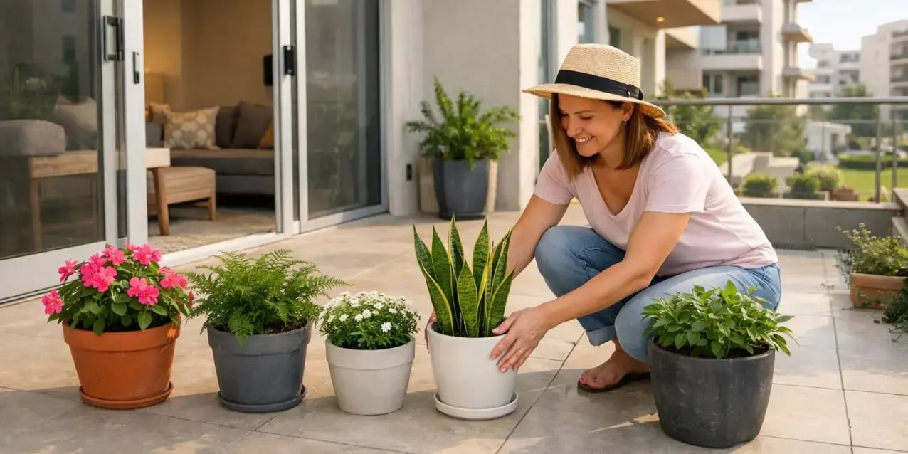 Mujer acomodando  unas macetas en la terraza de su casa para crear un jardin