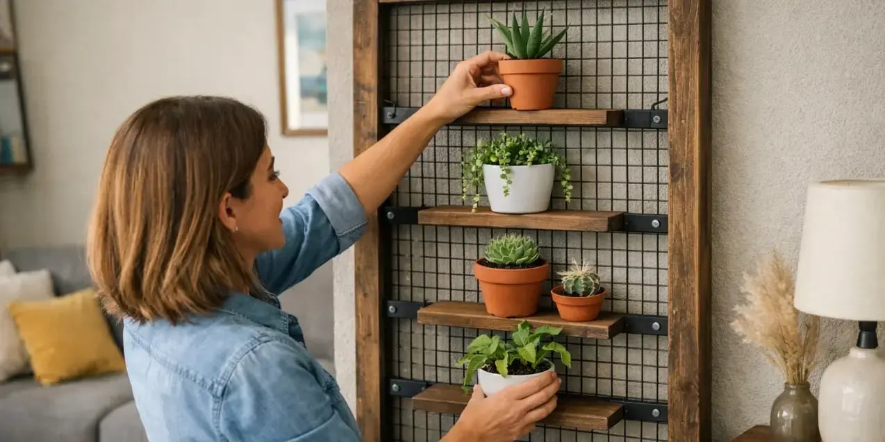 Mujer acomodando unas macetas en el jardin vertical de su sala