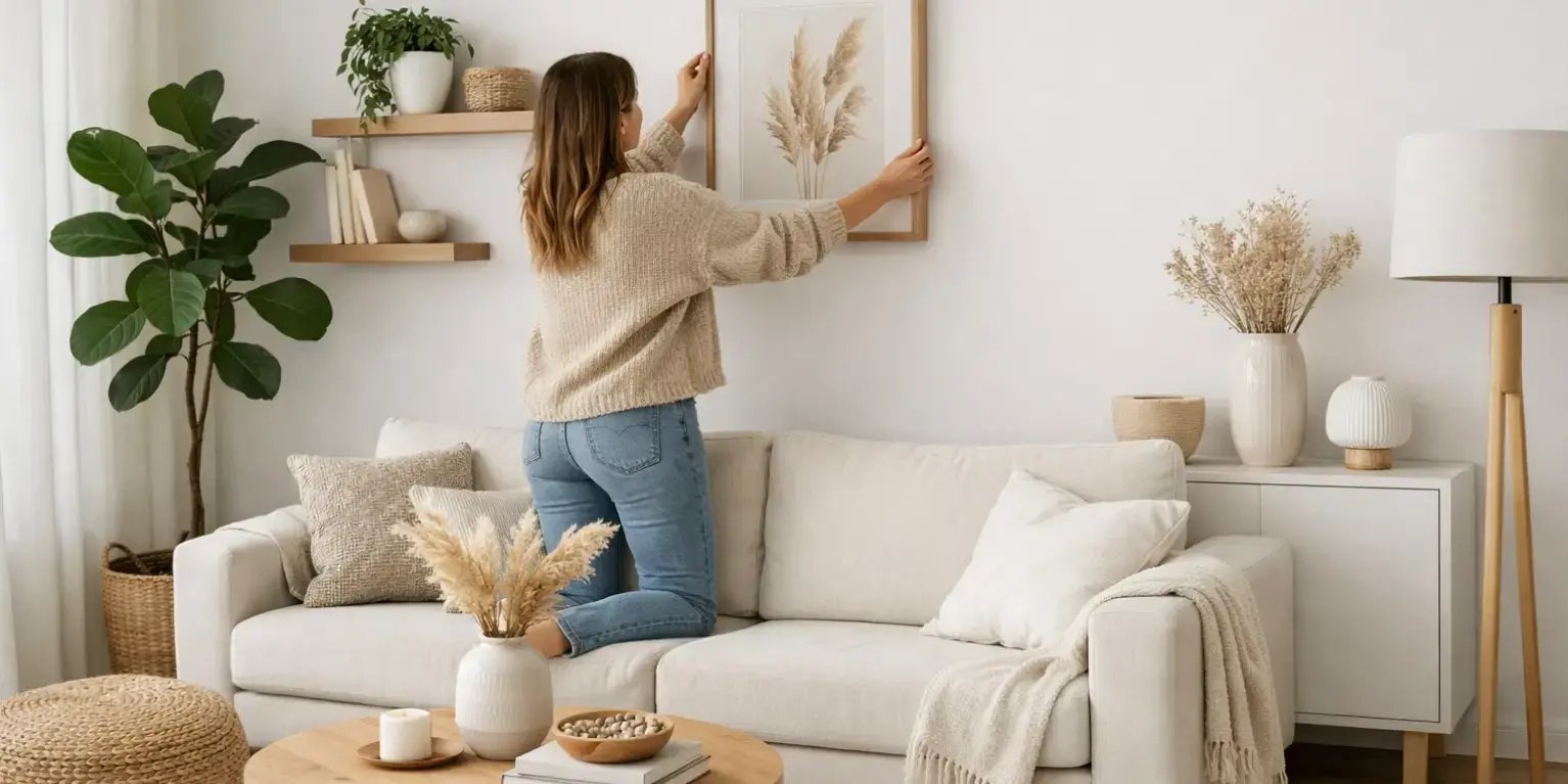 Mujer decorando la sala minimalista de su casa