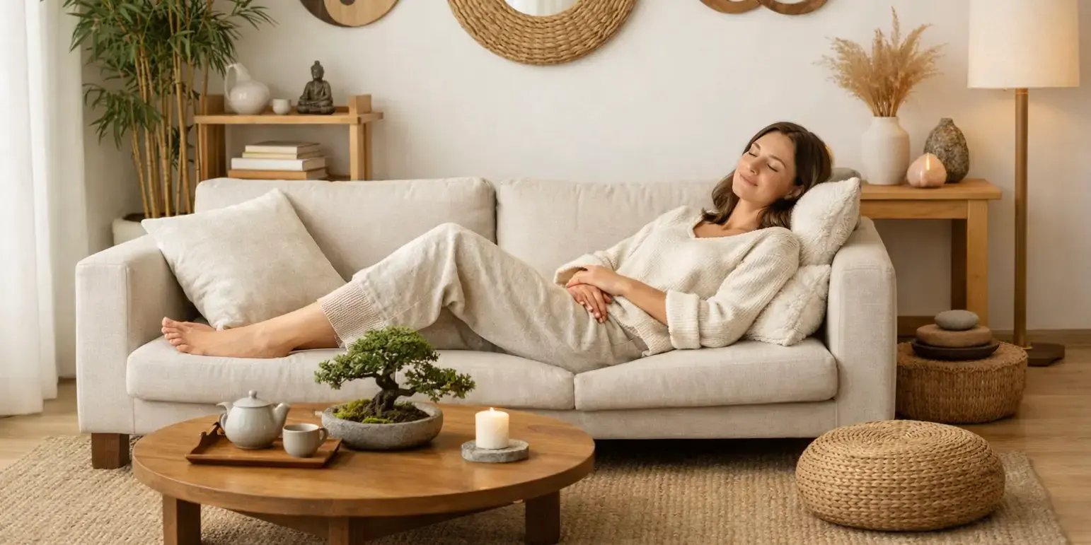 Mujer descansando tranquilamente en la sala de su casa con decoracion feng shui minimalista
