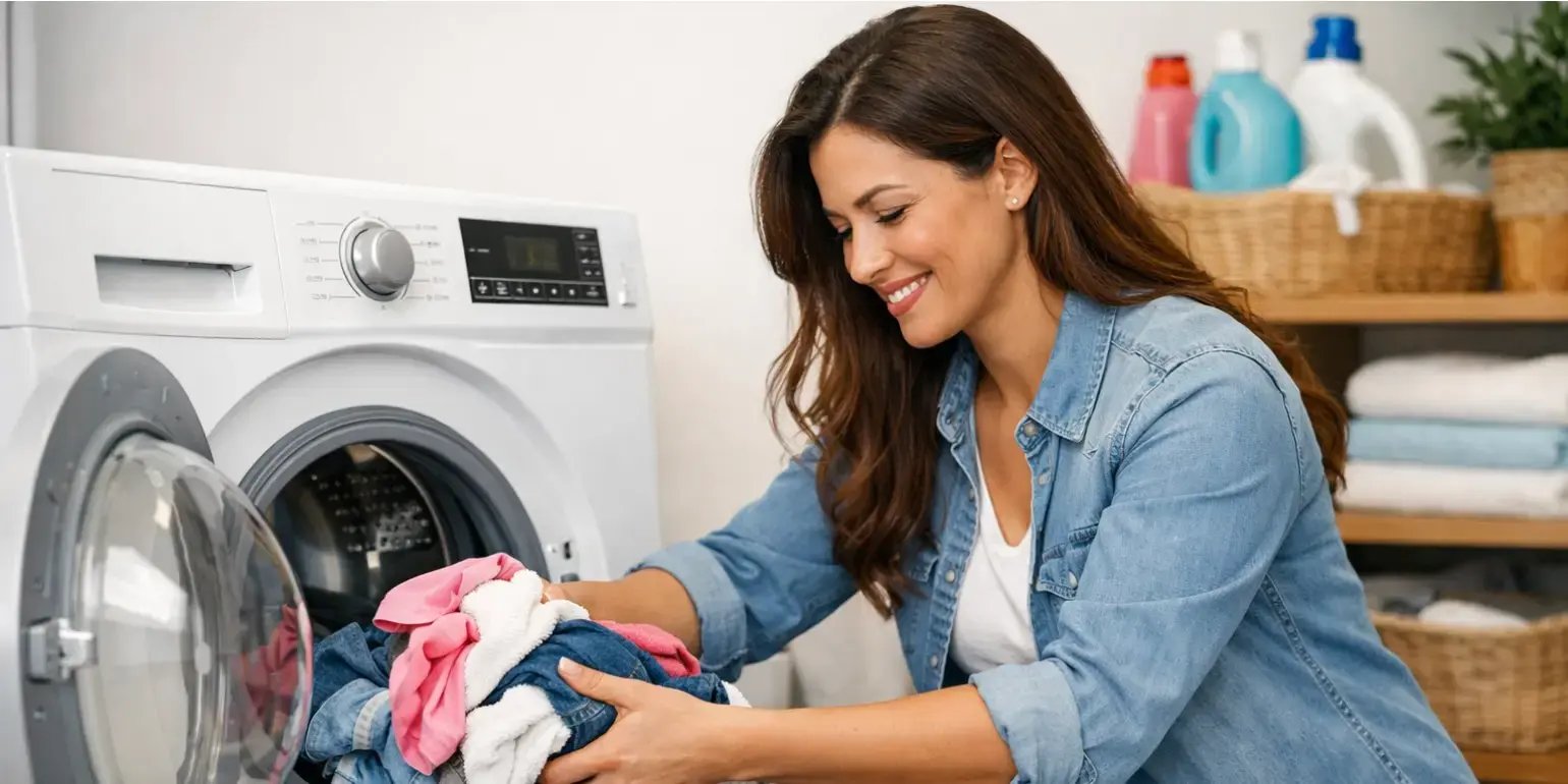 Mujer echando a lavar la ropa en la lavadora