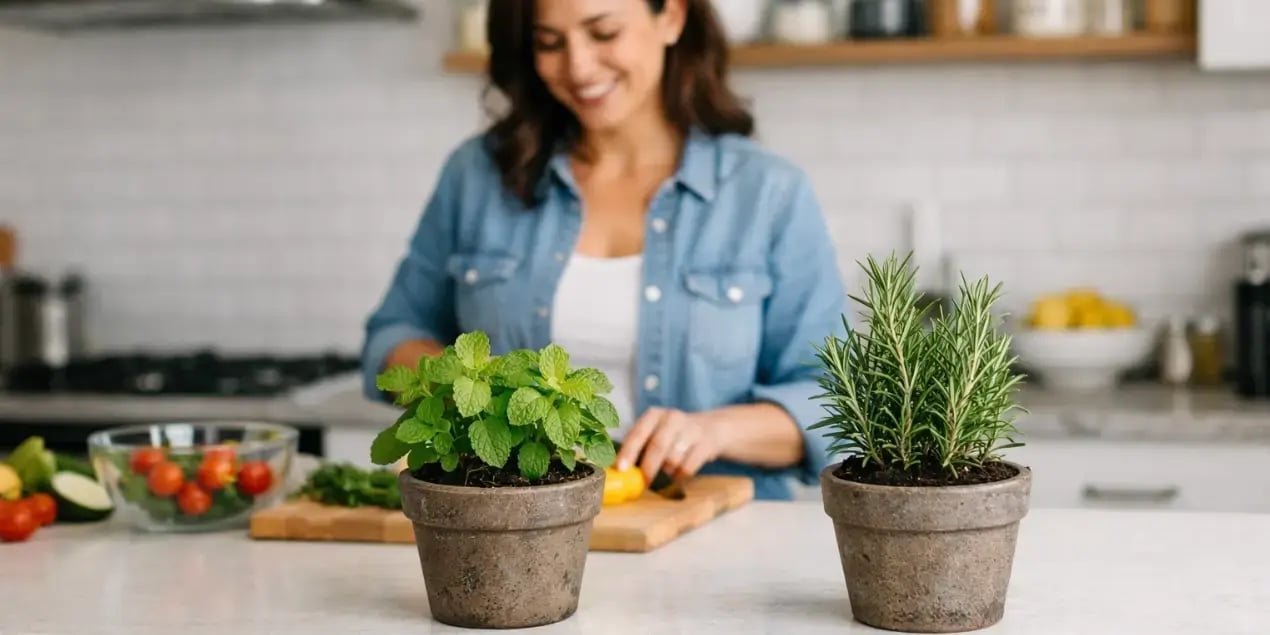 Mujer en la cocina de su casa y en la barra. hayuna pequeña maceta con romero y otra con hierbabuena