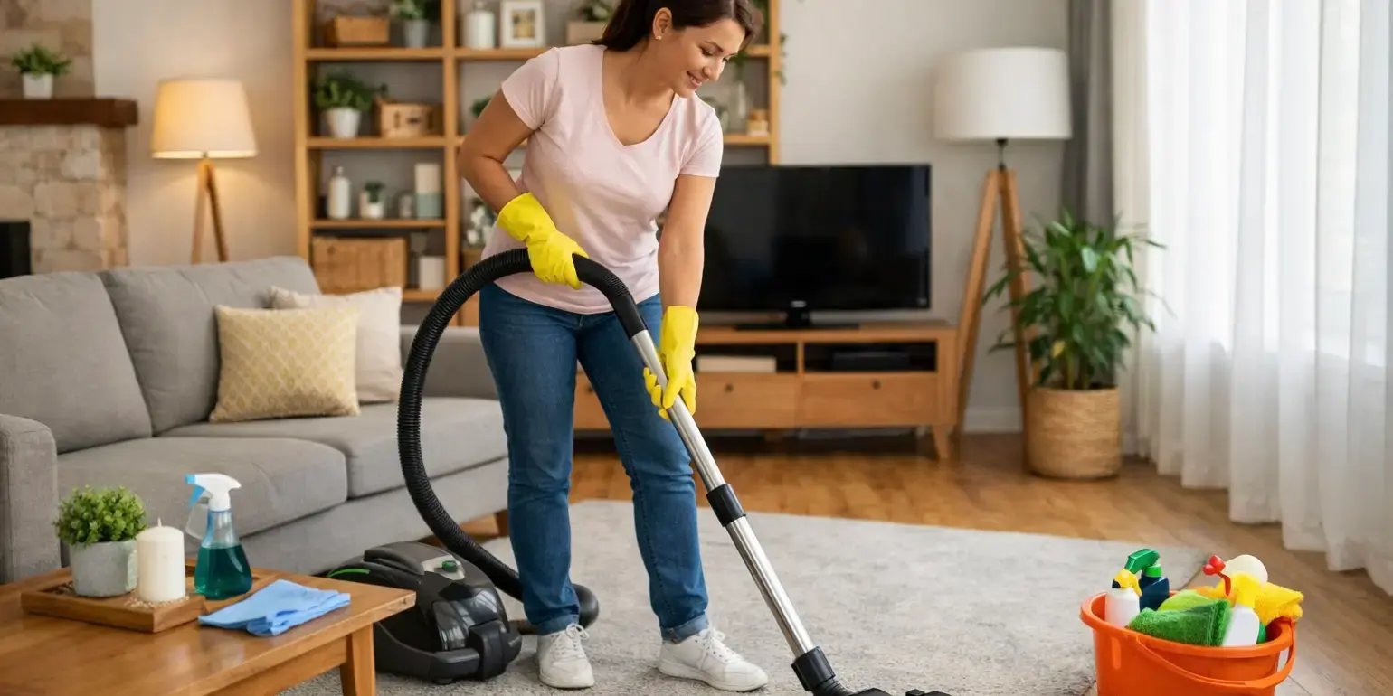 Mujer limpiando la sala de su casa
