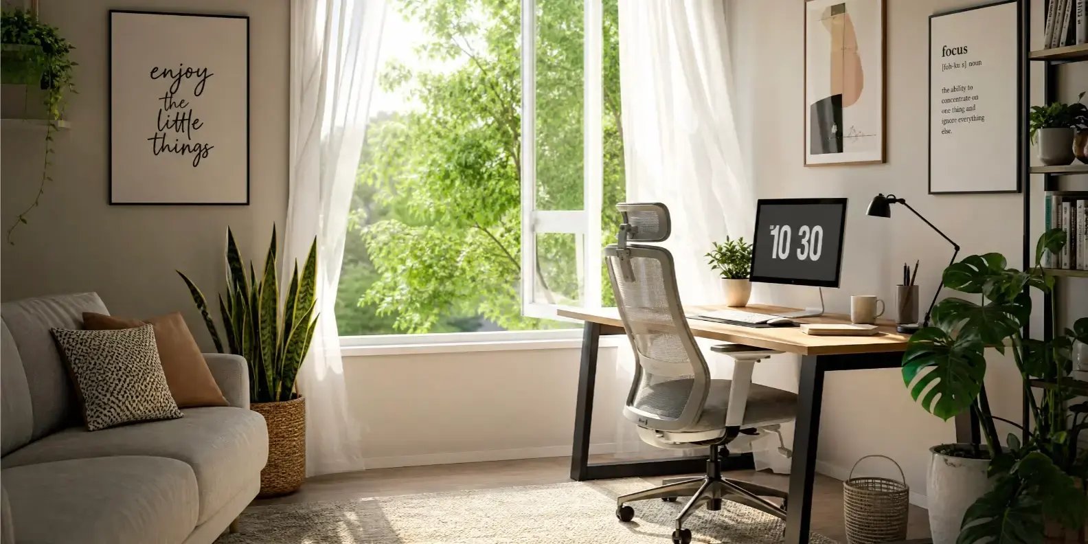 Oficina en casa armoniosa y bien diseñada, con plantas naturales que aportan frescura y vida al espacio. Predominan los colores neutros (blancos, beige, grises) con pequeños acentos de color en la decoración.