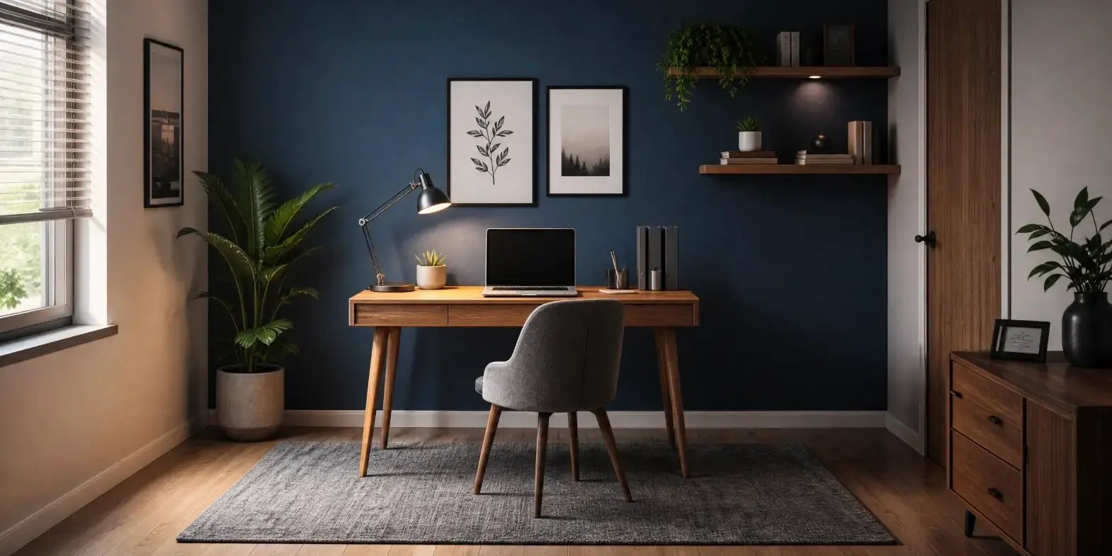 Oficina en casa bien definida dentro de una habitación, con un tapete delimitando claramente la zona de trabajo.