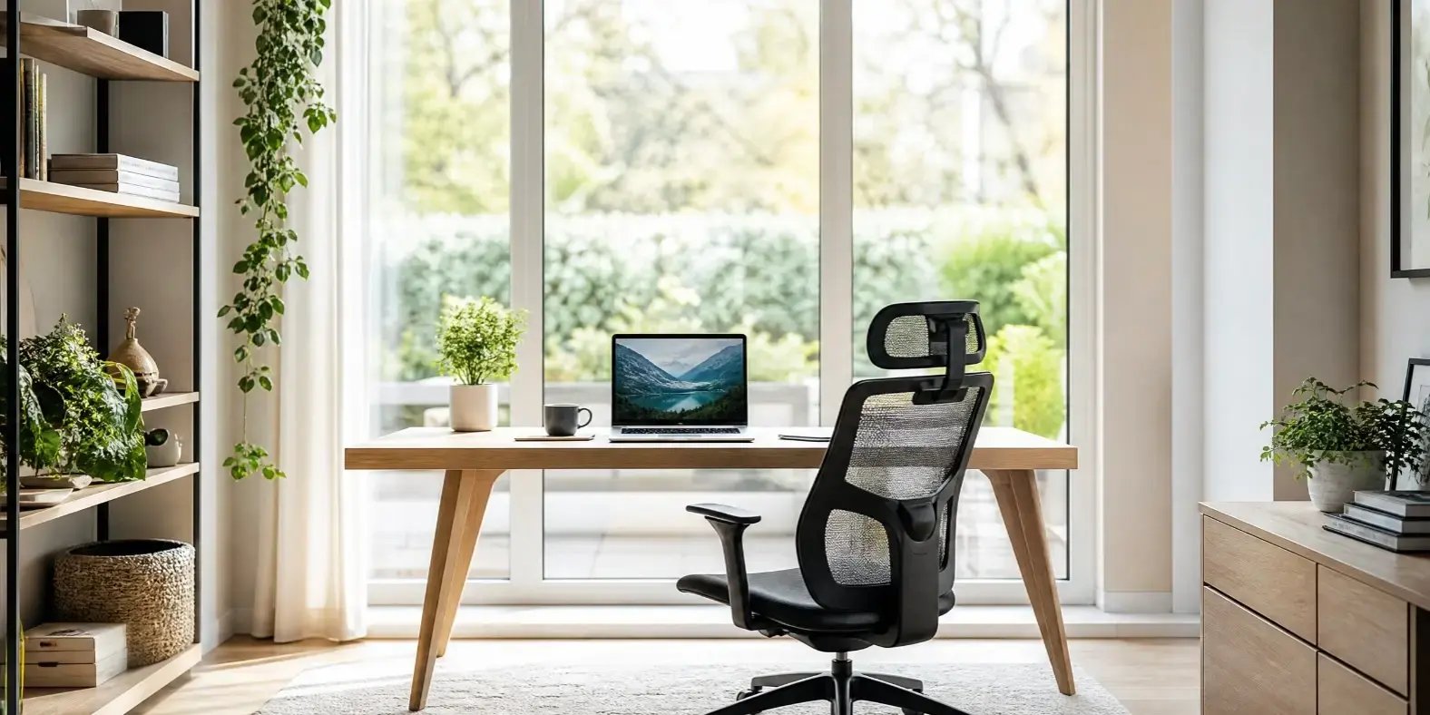 Oficina en casa bien diseñada con el escritorio colocado cerca de una ventana para aprovechar al máximo la luz natural. La iluminación entra de forma lateral o frontal, evitando sombras incómodas.