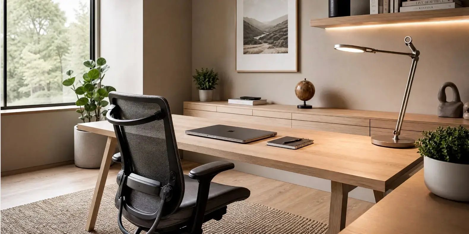 Oficina en casa moderna y bien organizada con una silla ergonómica cómoda frente a un escritorio funcional. El escritorio tiene una laptop, cuadernos y pocos objetos para mantener el orden.