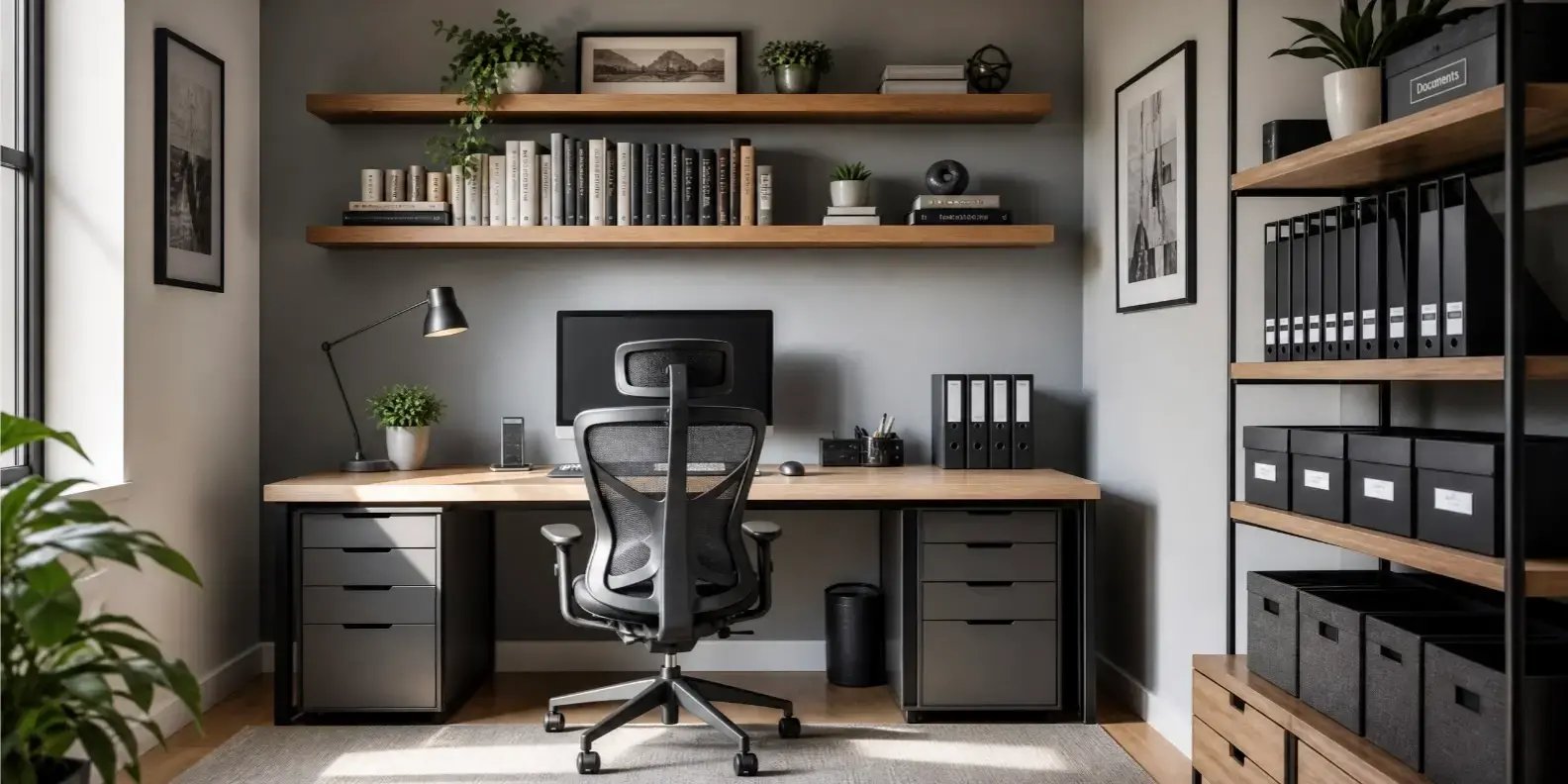 Oficina en casa moderna y bien organizada, con escritorio funcional y silla ergonómica. En la pared hay repisas flotantes con libros y decoración minimalista.