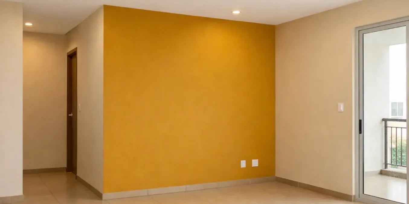 Paredes de una sala de un departamento en color beige con una pared de acento en color mostaza