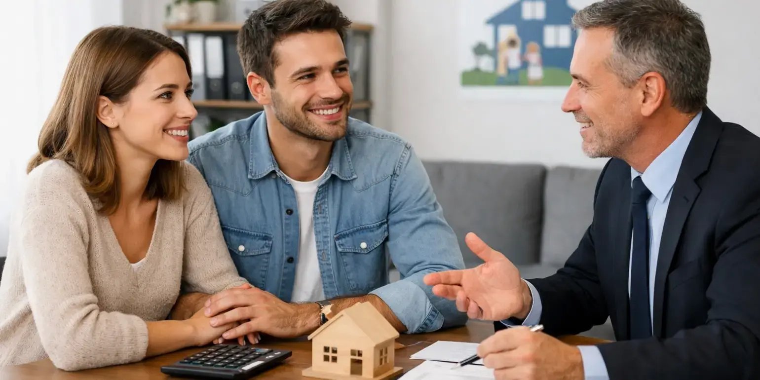 Pareja Hablando Asesor Hipotecario para solicitar la hipoteca de su casa