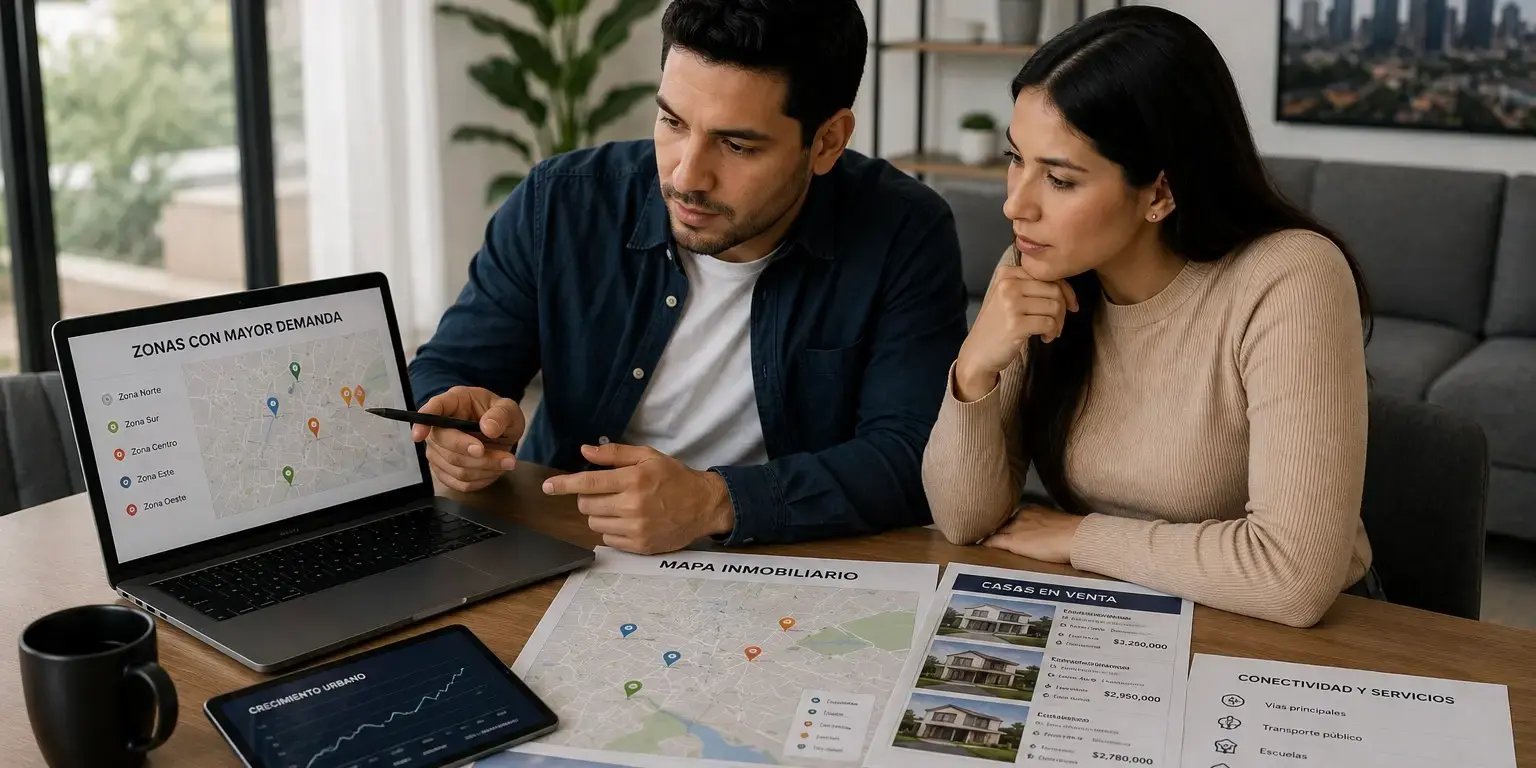 Pareja analizando en qué zonas se encuentran casas en venta y la demanda urbana, revisando mapas inmobiliarios y listados de propiedades en una laptop o tablet
