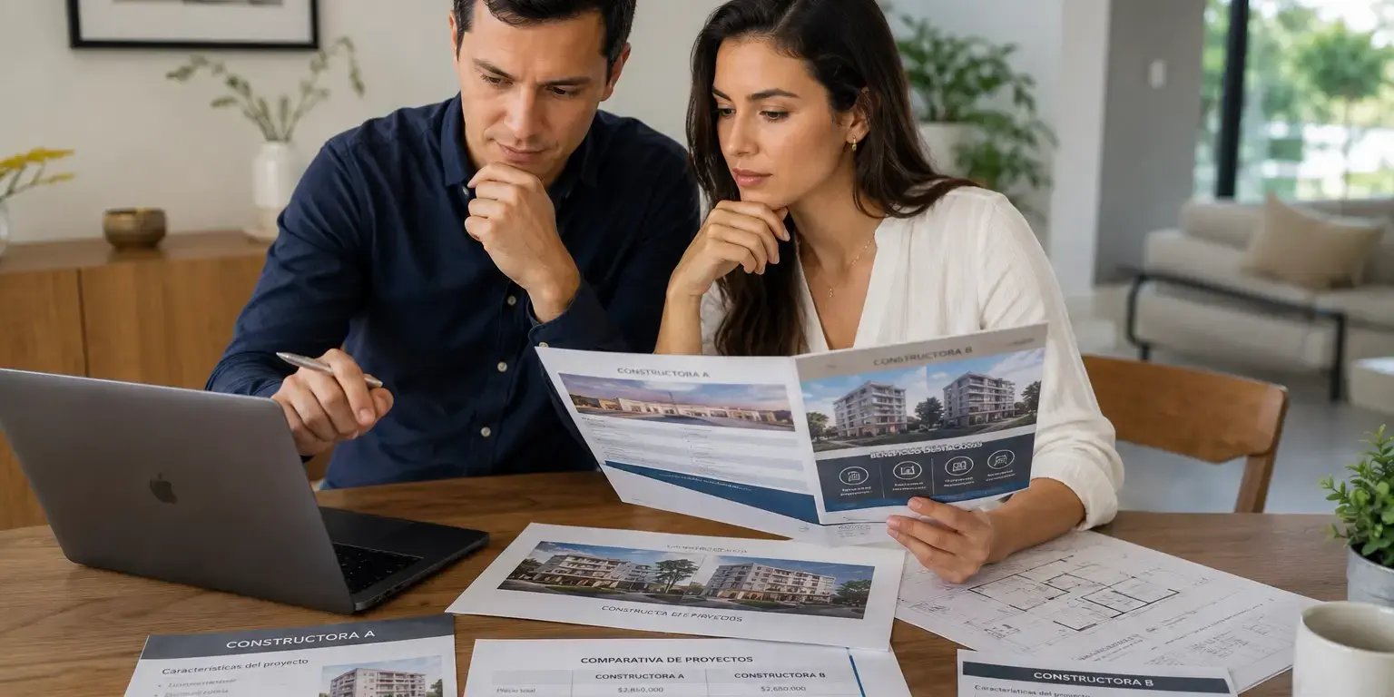 Pareja comparando dos constructoras mientras revisan información en una laptop, folletos o planos sobre una mesa. Están sentados en un espacio moderno y ordenado, analizando opciones y comentando detalles con actitud reflexiva