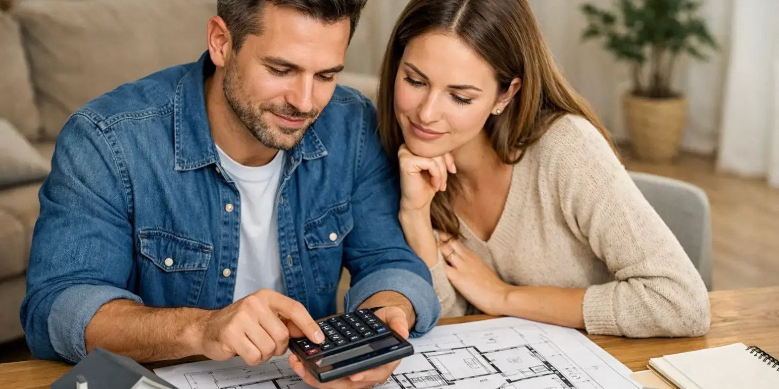 Pareja con una calculadora y viendo los planos de una casa para calcular los metros cuadrados