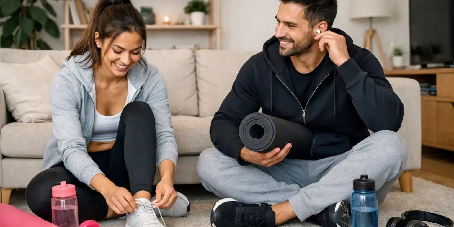 Pareja en pants en la sala de su casa preparandose para hacer ejercicio