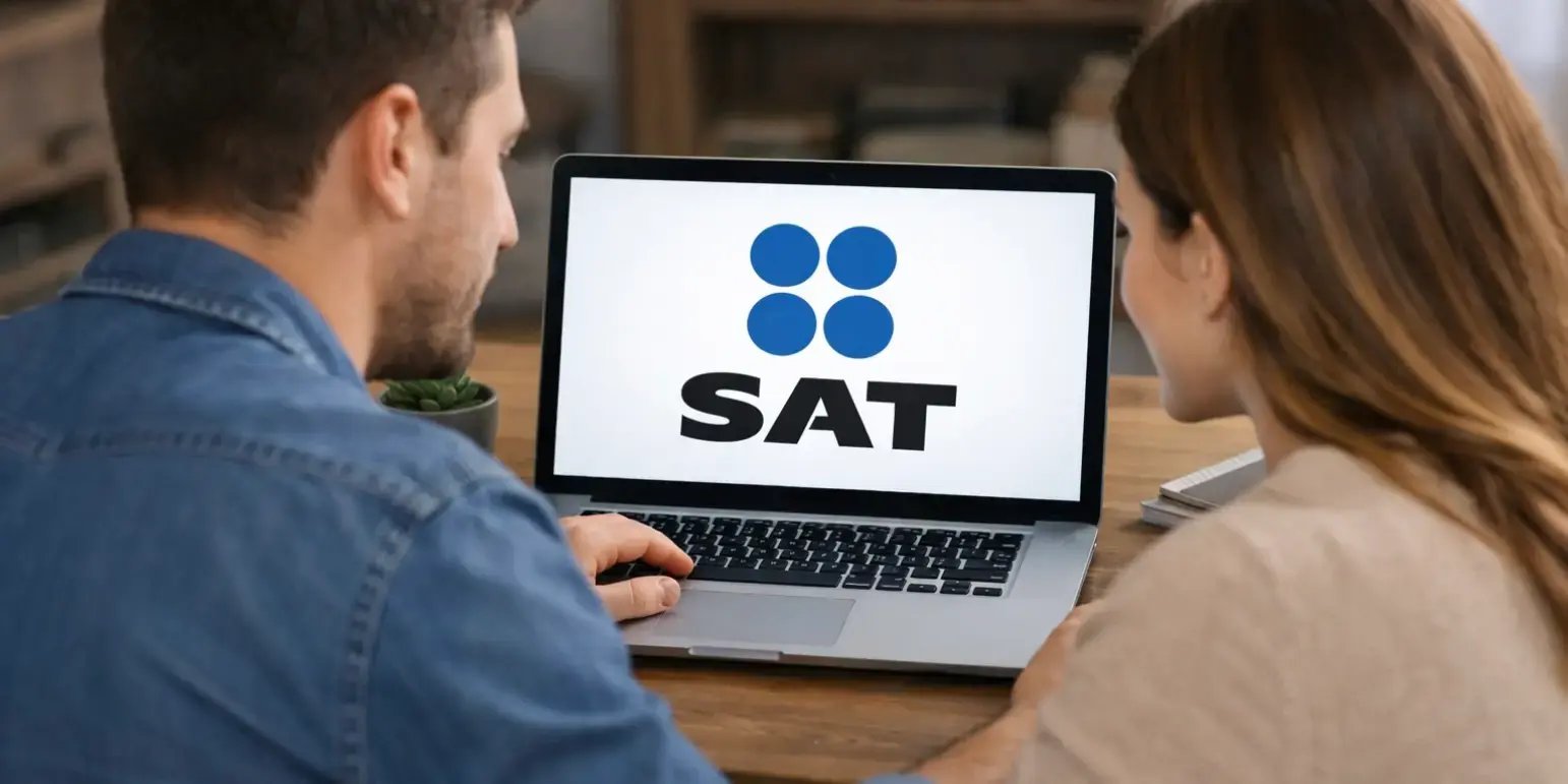 Pareja en una computadora, en la pantalla se ve el logo del SAT