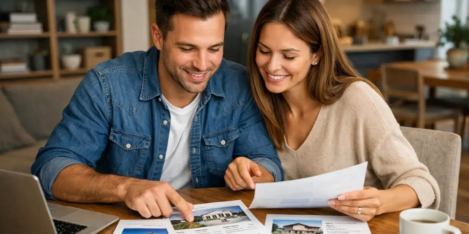 Pareja en una mesa viendo en unas hojas de casas y departamentos