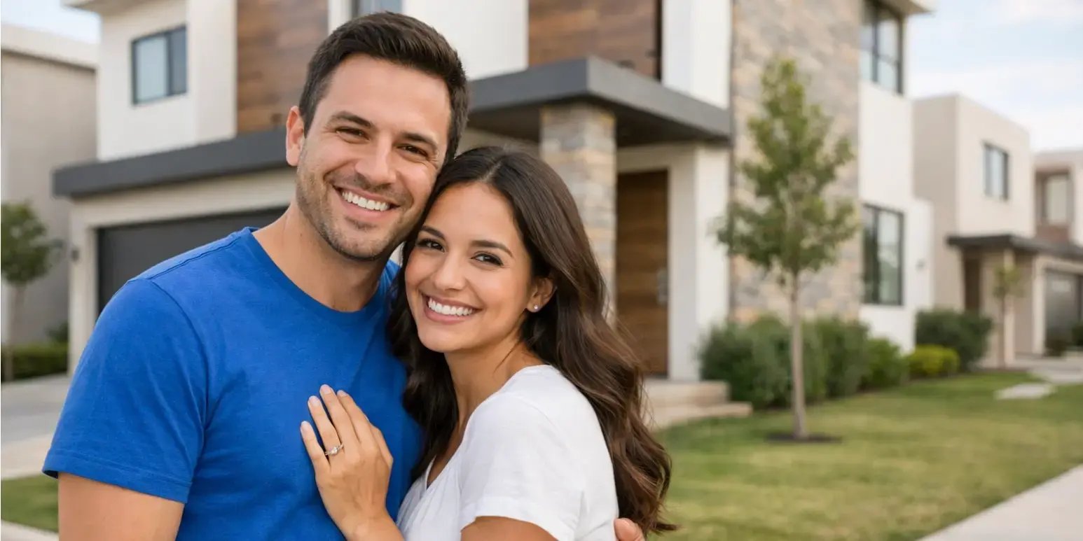 Pareja feliz afuera de su nueva casa en un desarrollo residencial