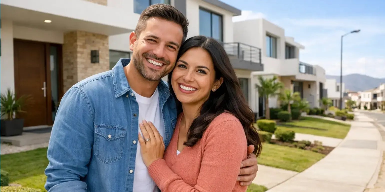 Pareja feliz afuera de su nueva casa en un desarrollo residencial