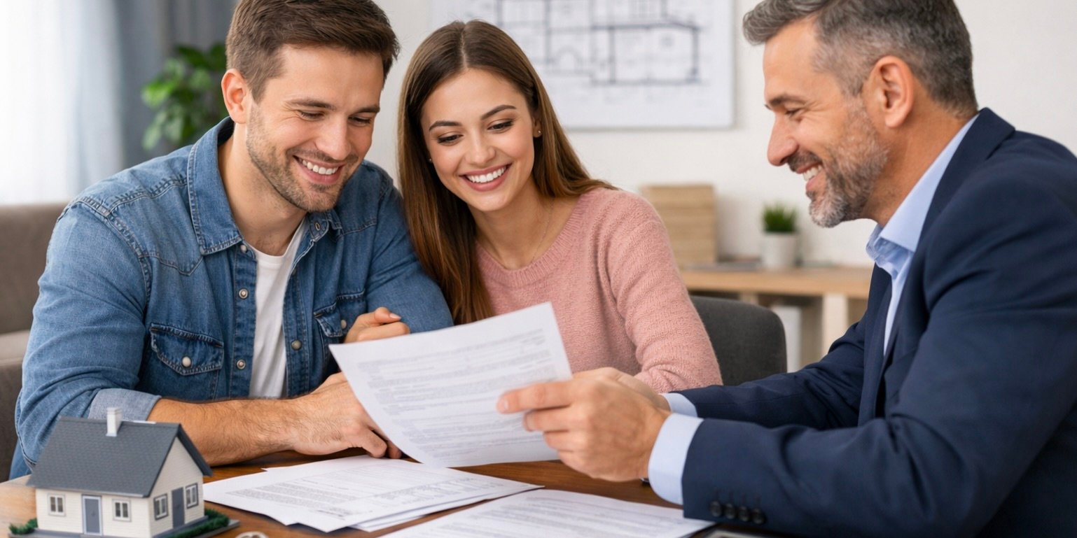 Pareja feliz revisando con un asesor hipotecario los documentos para unir sus creditos y comprar casa